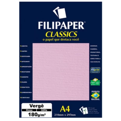 Papel Verge Rosa 180g A4 Pct C/50 Fls - Filipaper